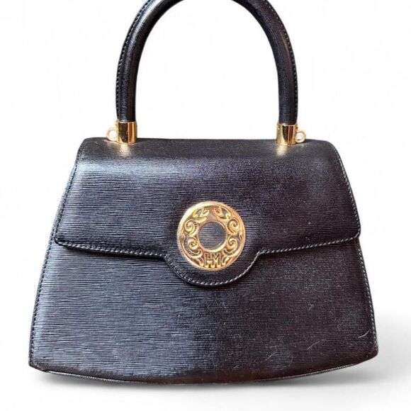 Handbags - Vintage Hanae Mori 2 Way Black Saffiano Leather Circle Logo Top Handle shoulder
